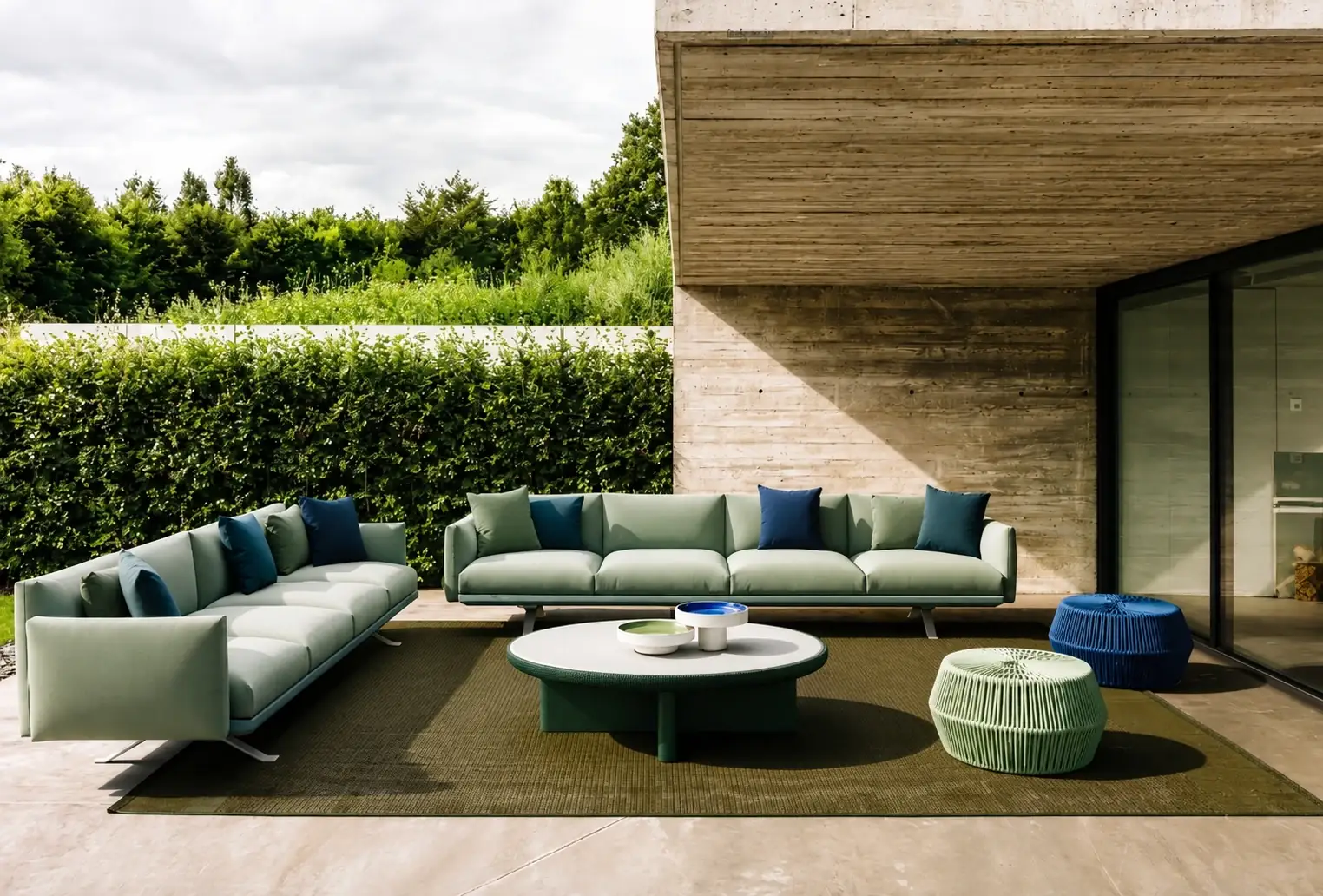 Sage green outdoor sofas on a concrete villa terrace beside a clipped hedge