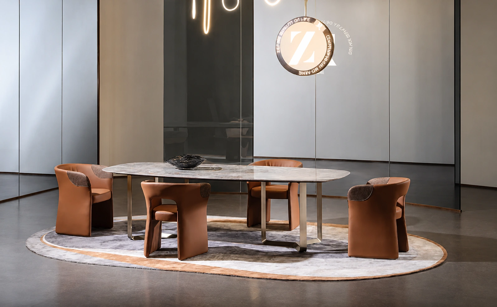 Oval stone dining table with tan leather chairs beneath a circular pendant light