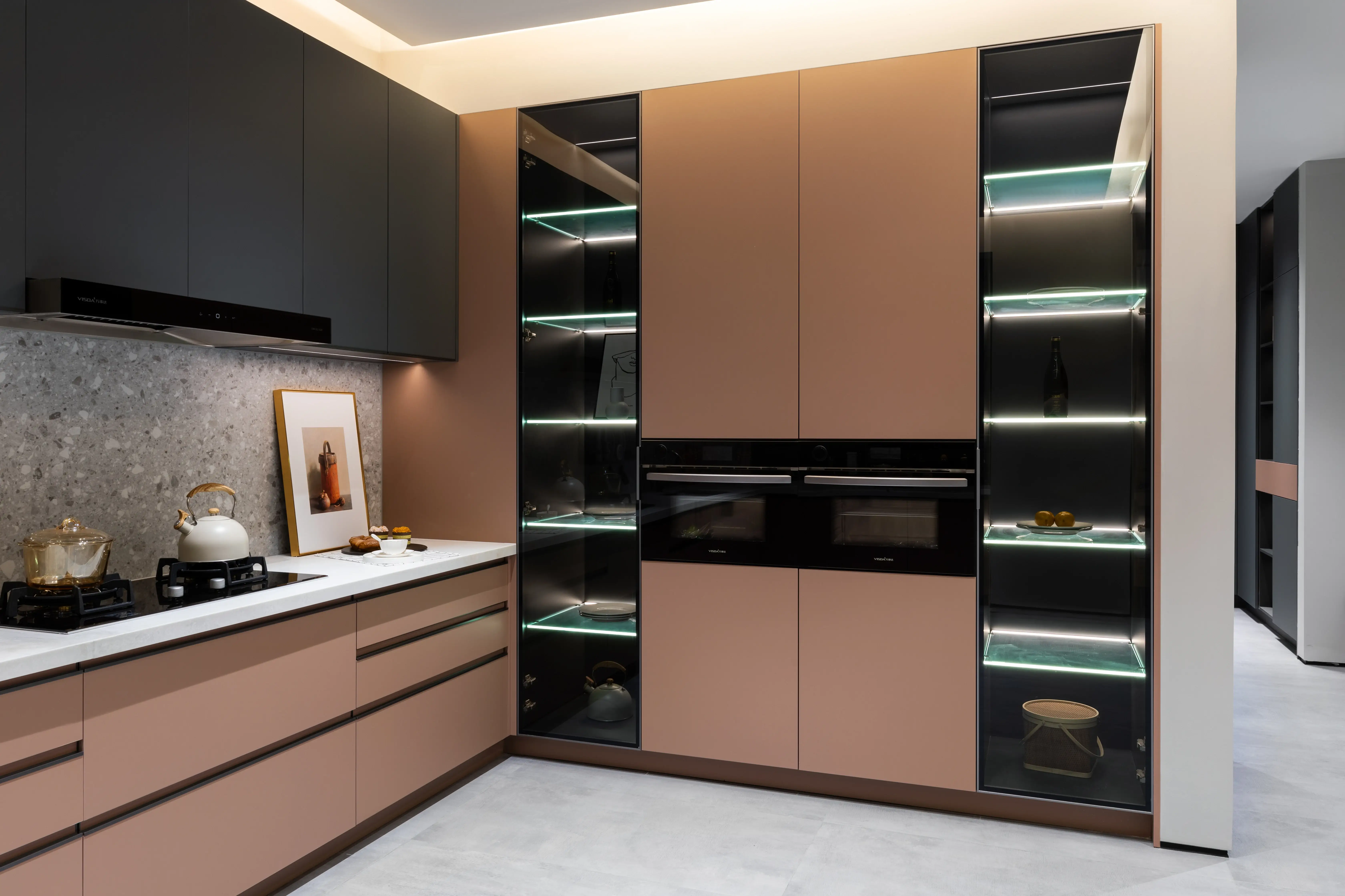 Beige kitchen with smoked-glass display cabinetry