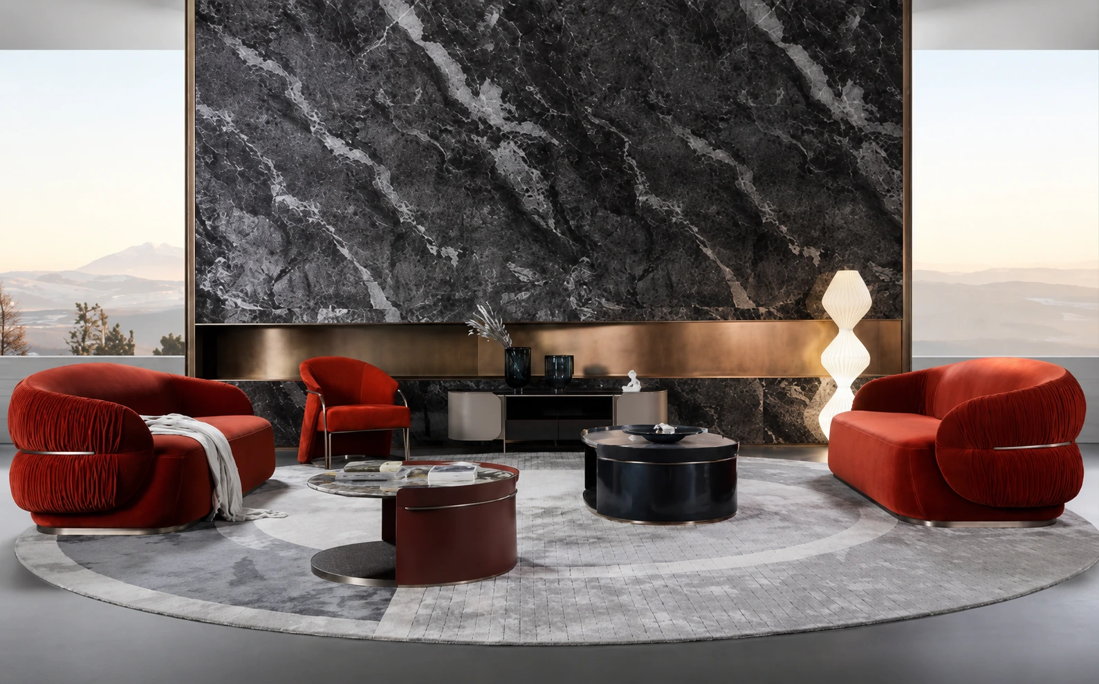 Panoramic living room with modular sofa and evening city view