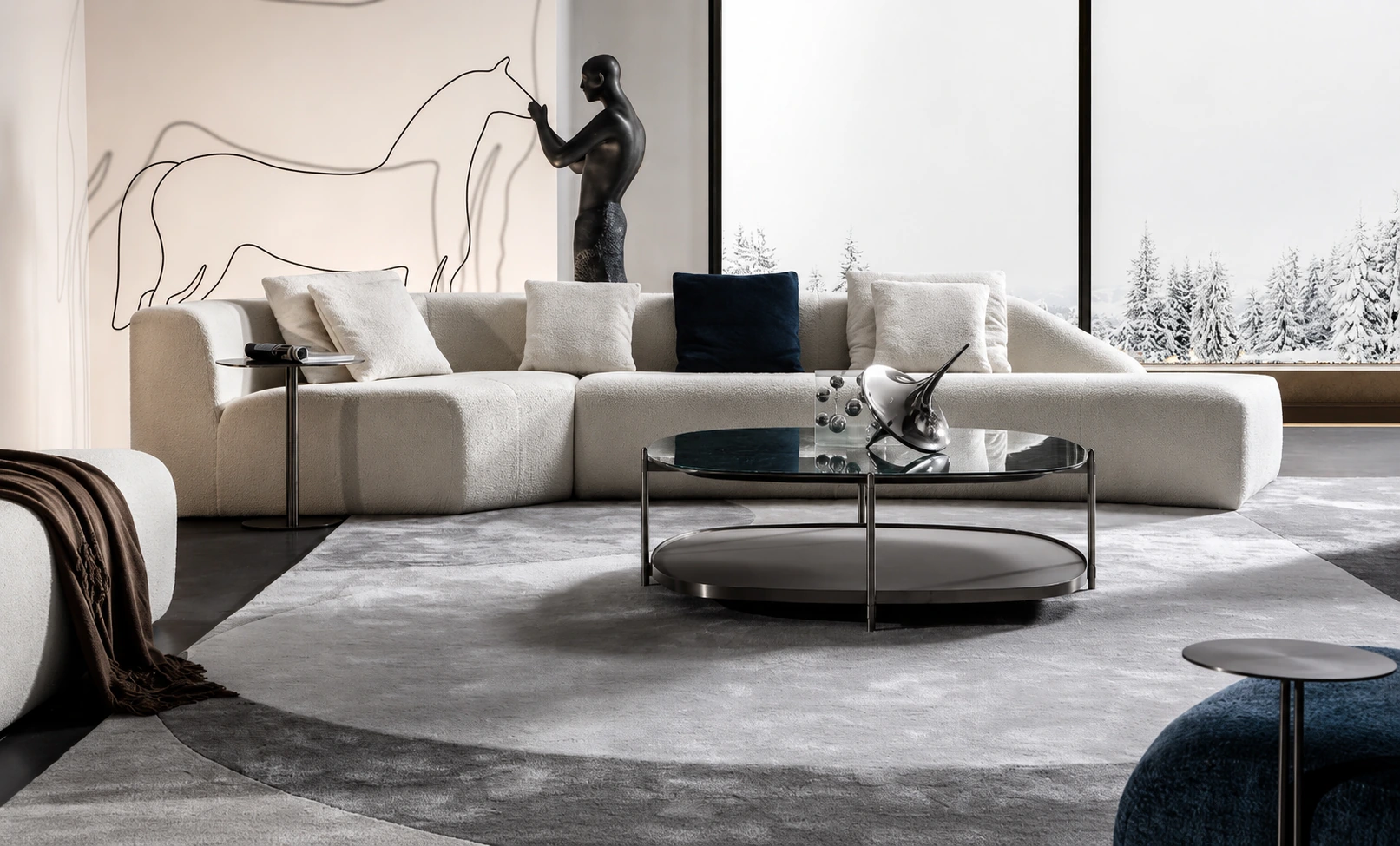 Living room wall unit in warm taupe with illuminated display niche